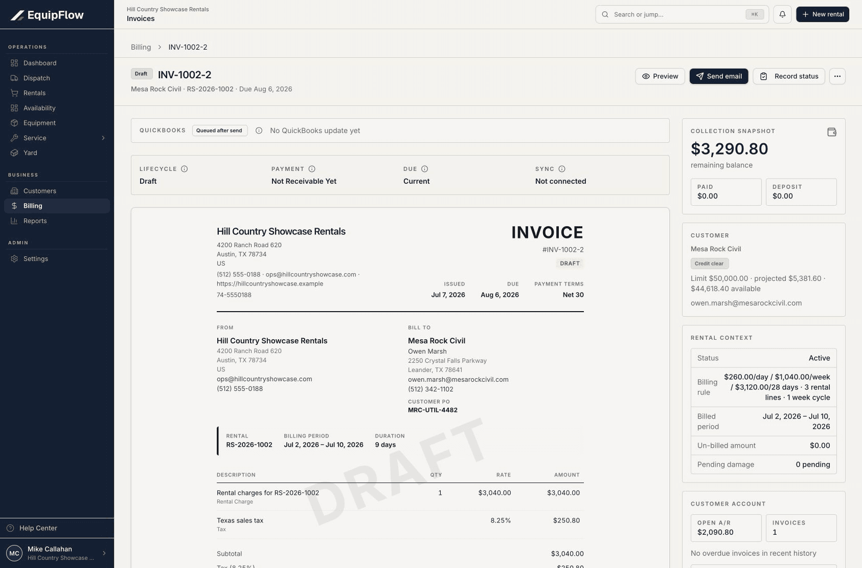 Synthetic invoice detail with customer, charge lines, totals, and document actions