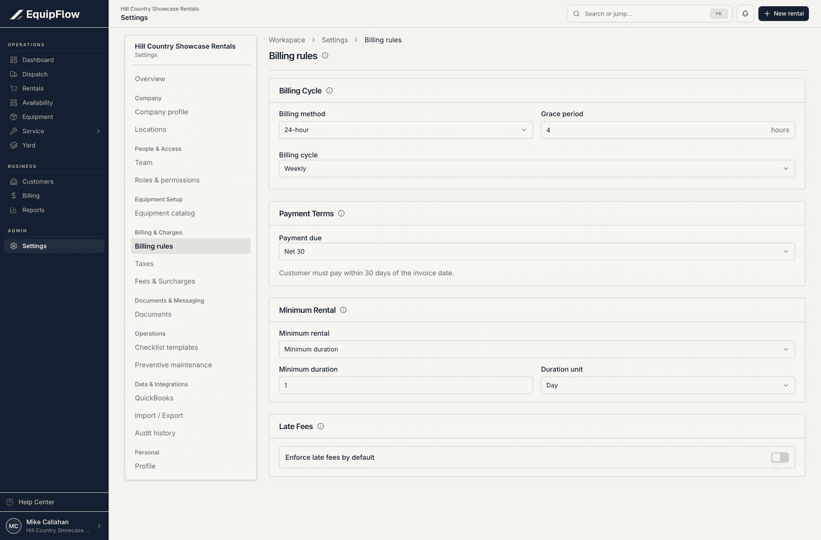 Billing rules with billing method, cycle, terms, and minimum rental settings
