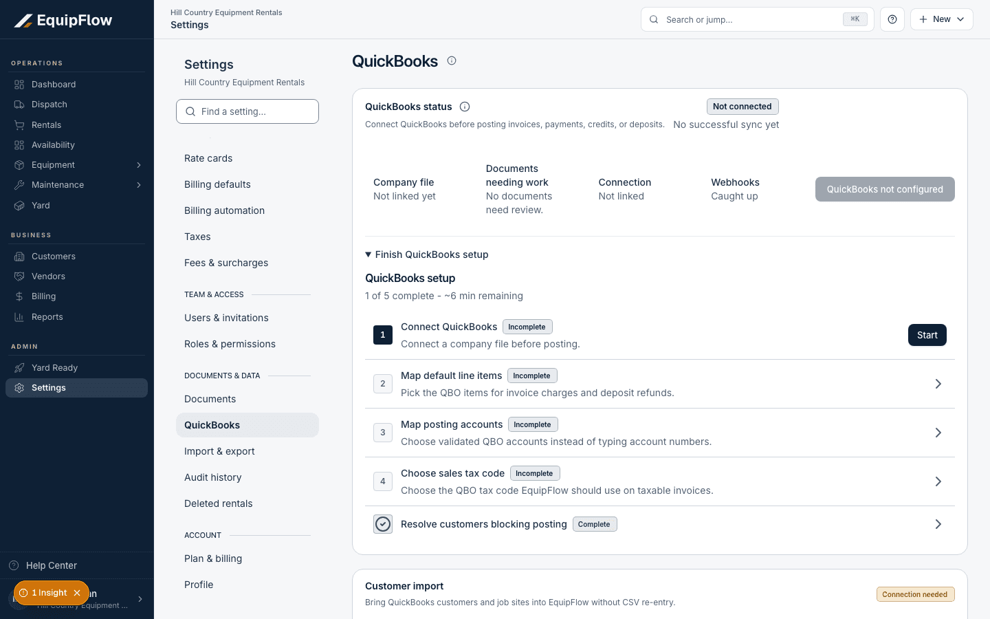 QuickBooks setup requires a company connection, item mapping, accounts, and tax code.