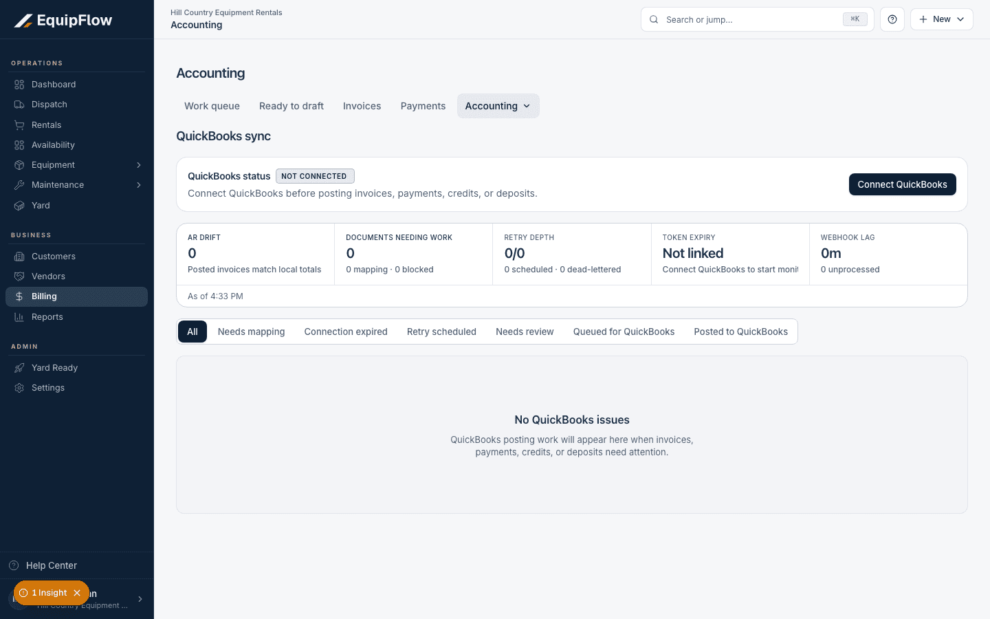 Accounting separates mapping, connection, retry, and review queues. This local example has no connected QuickBooks company.