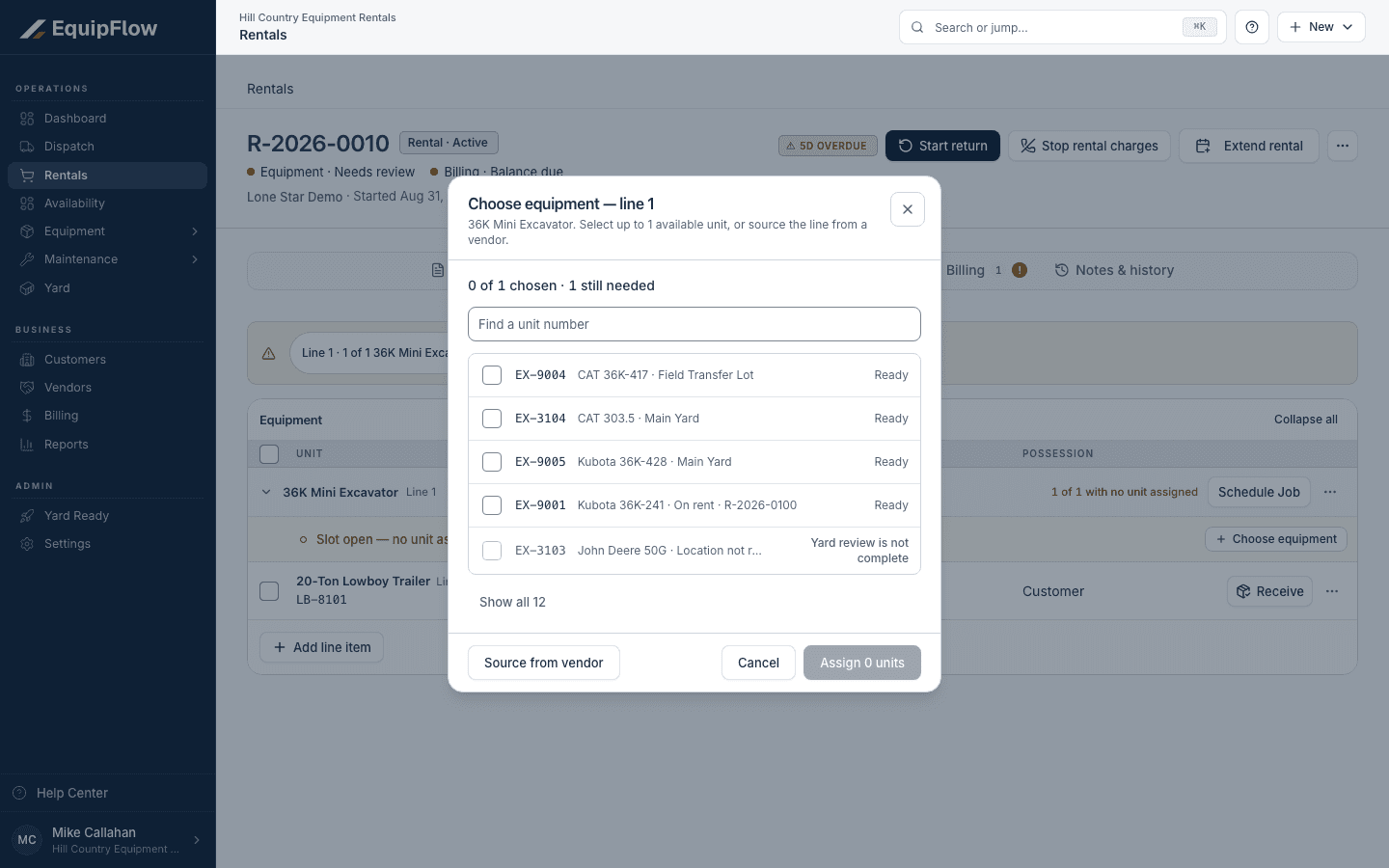 Choose equipment shows readiness, current selections, and Source from vendor.