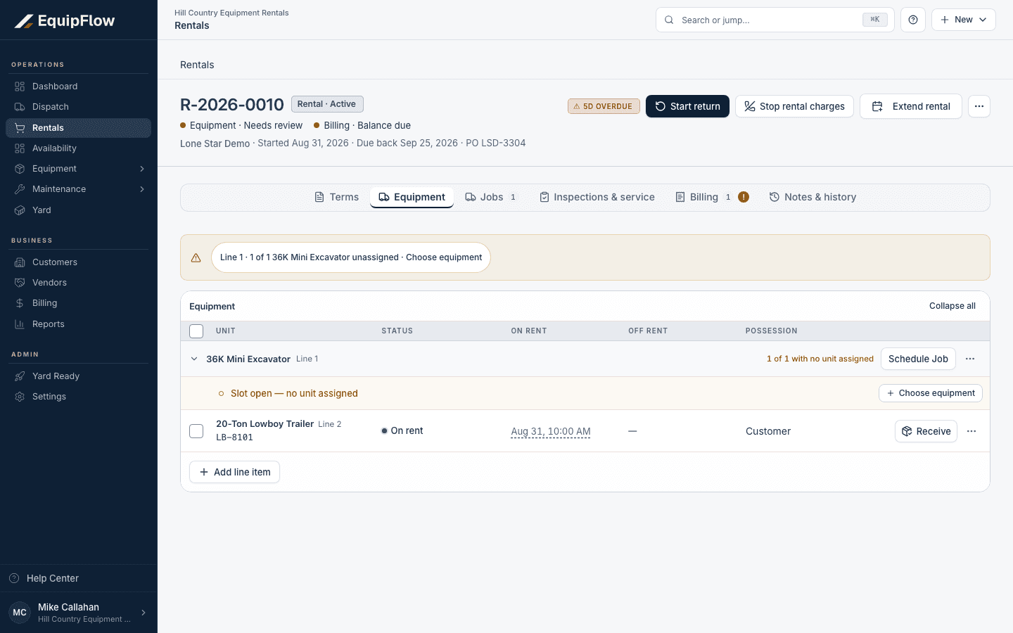The Equipment tab identifies an open slot separately from a machine already on rent.
