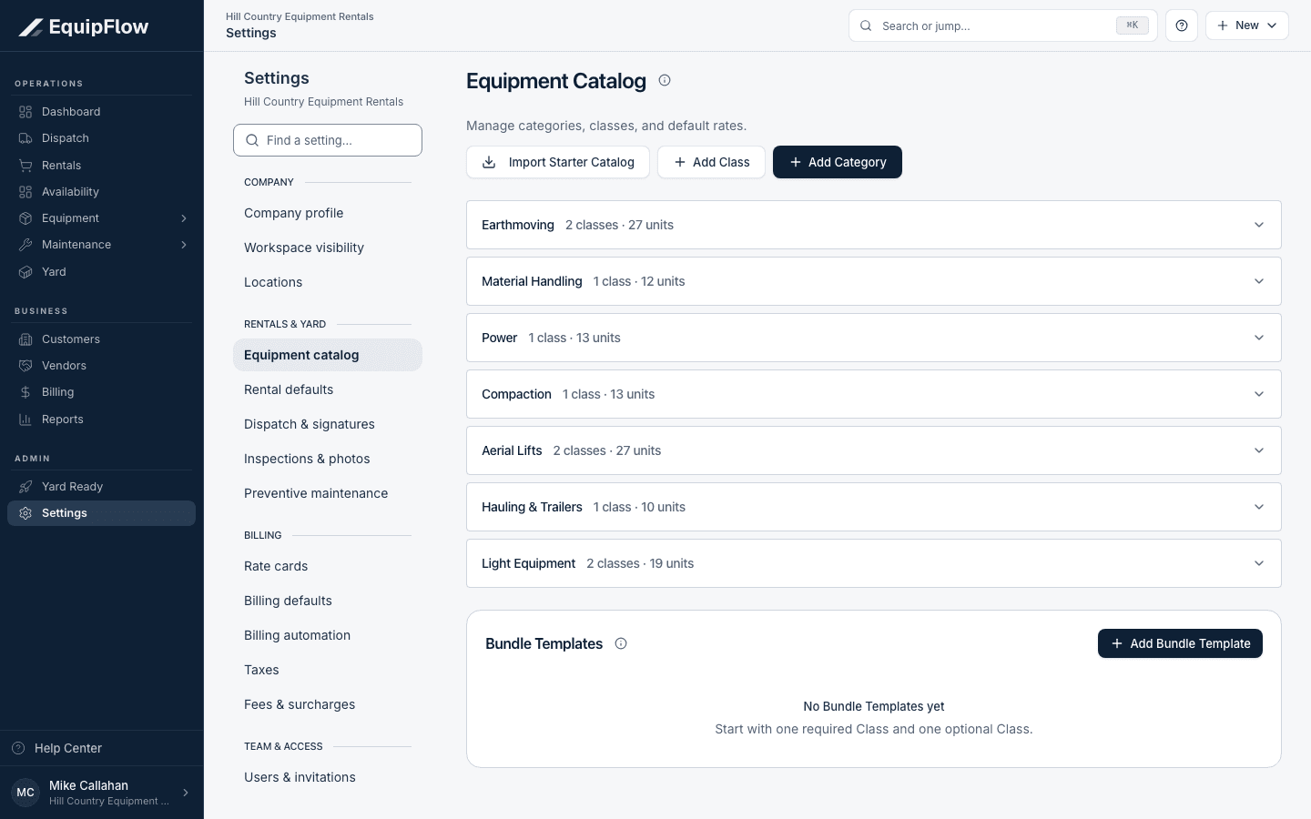 Equipment Catalog separates categories, classes, and bundle templates.