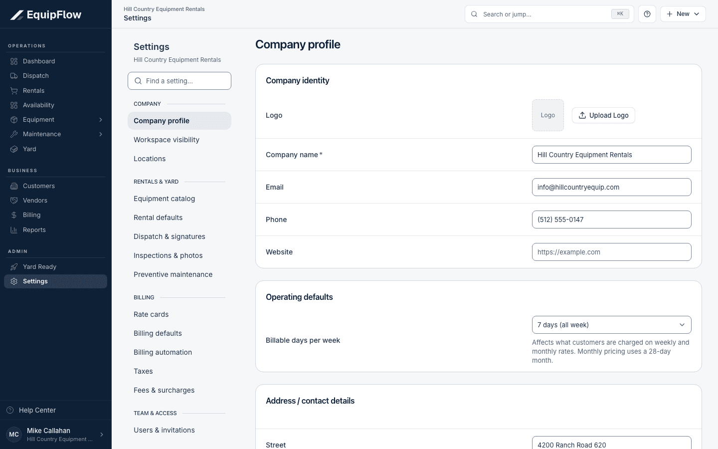 Company profile owns company identity and operating defaults.