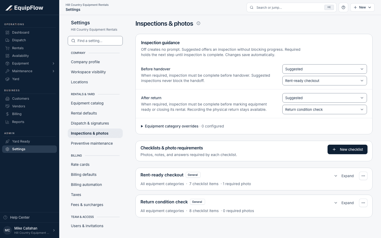 Inspection guidance separates before-handover and after-return policies from checklists and photo requirements.