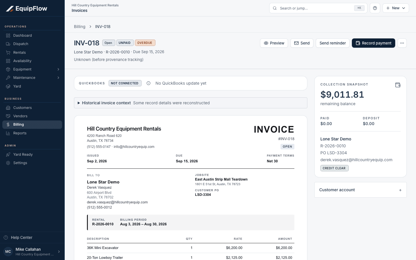 An issued invoice offers Send separately from Record payment; QuickBooks is not connected in this example.