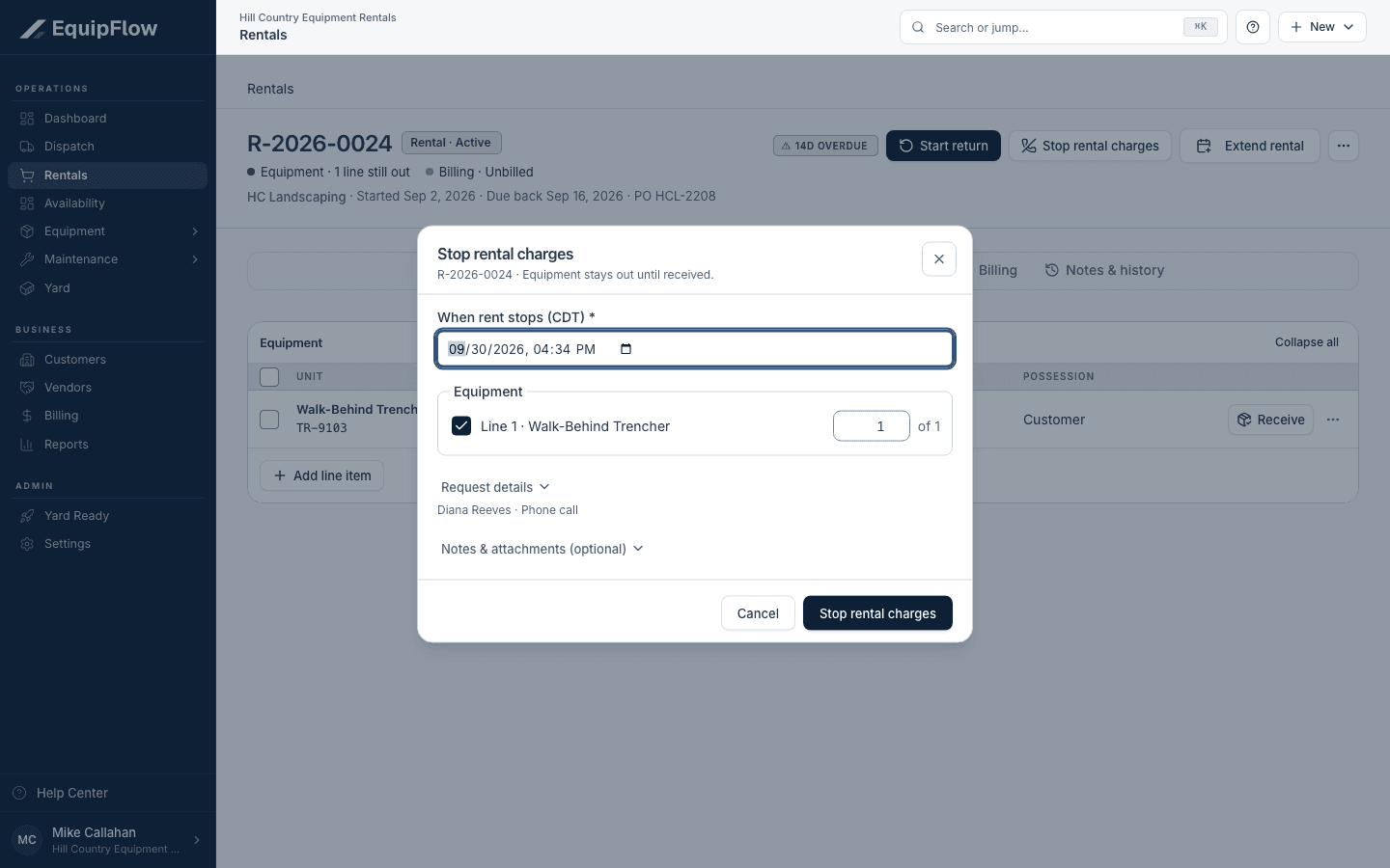 Stop rental charges records an exact local cutoff and selected equipment quantity; receipt remains separate.