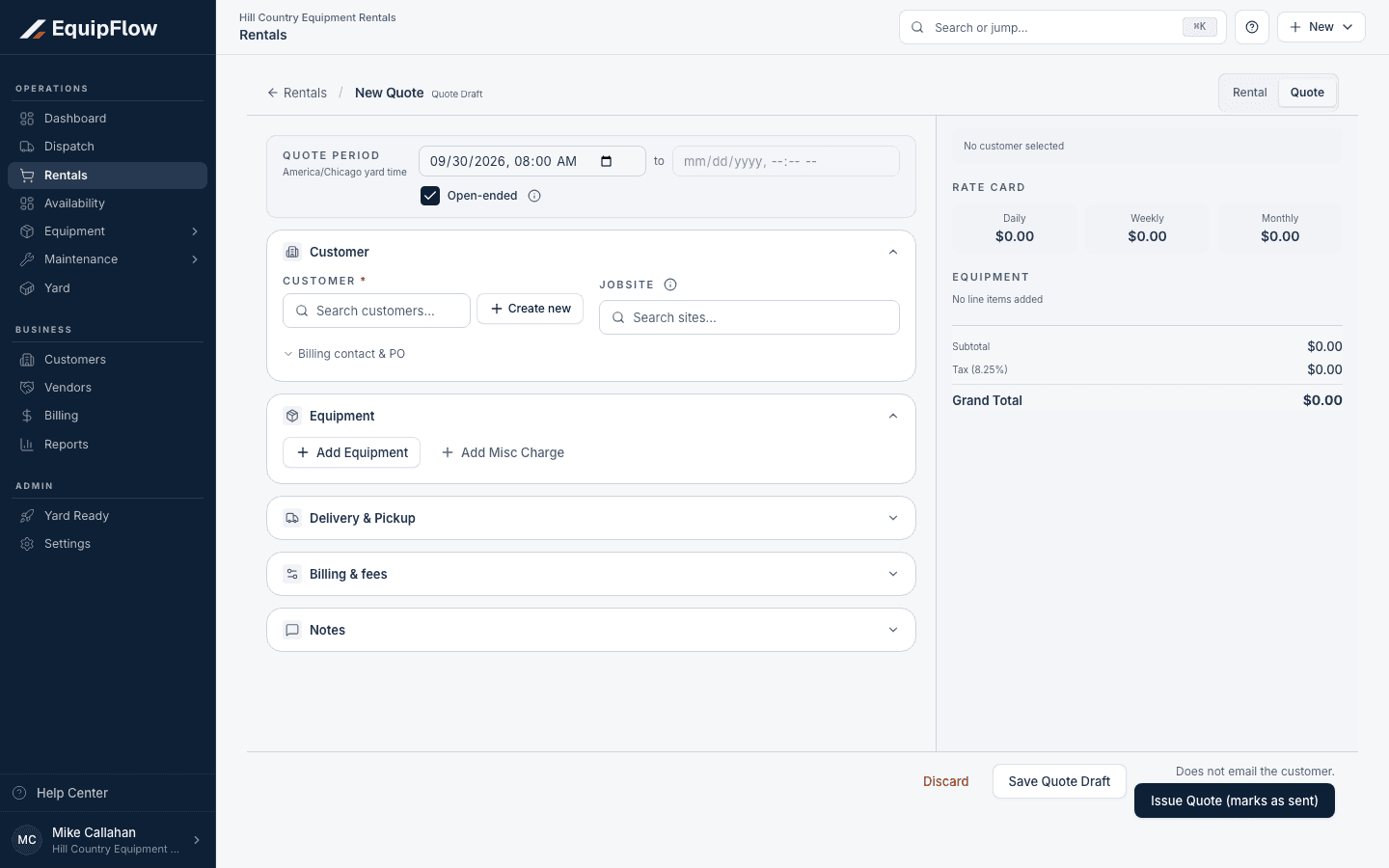 New Quote separates saving a draft from Issue Quote; issuing does not email the customer.