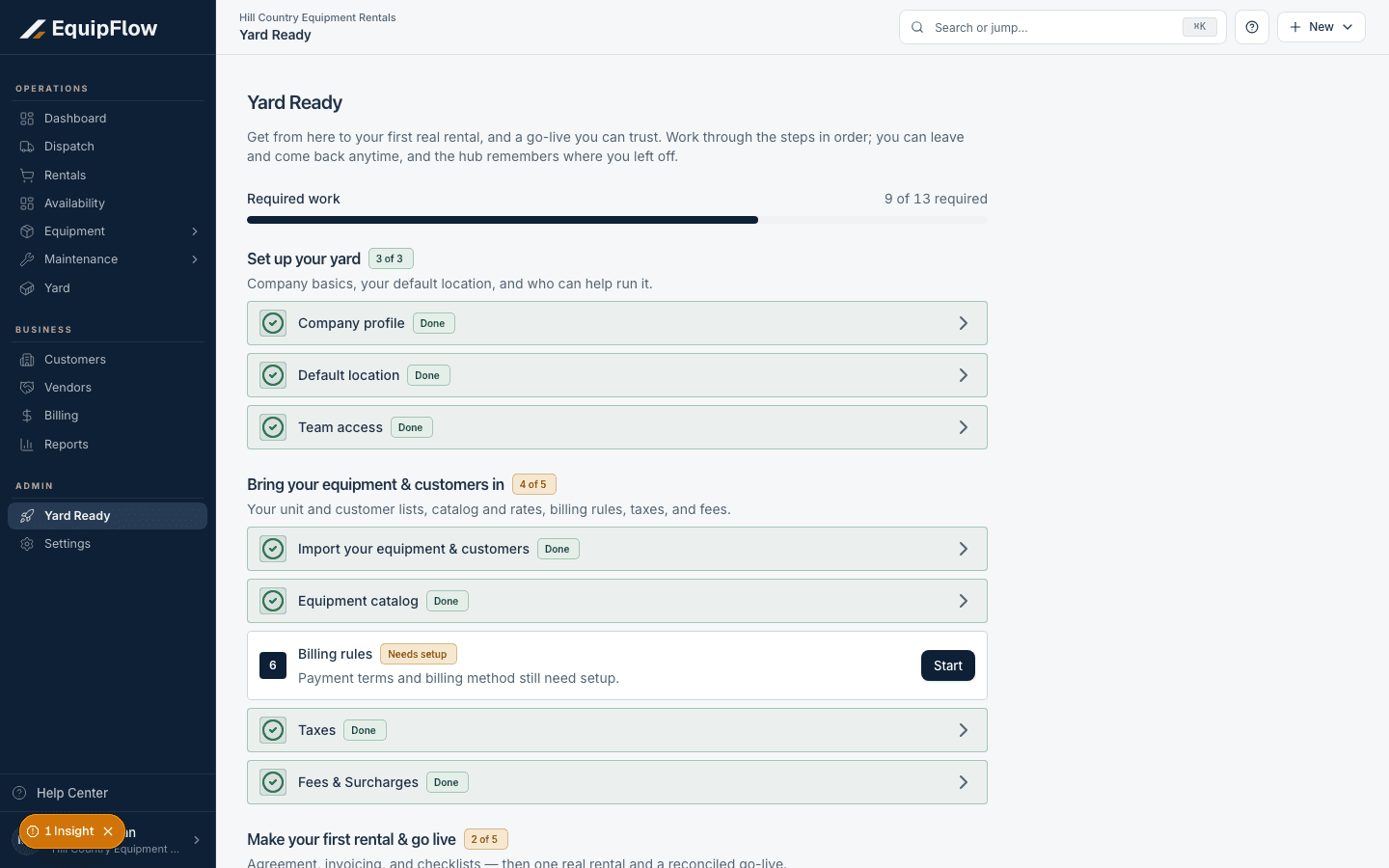 Yard Ready shows saved setup tasks and outstanding billing rules.