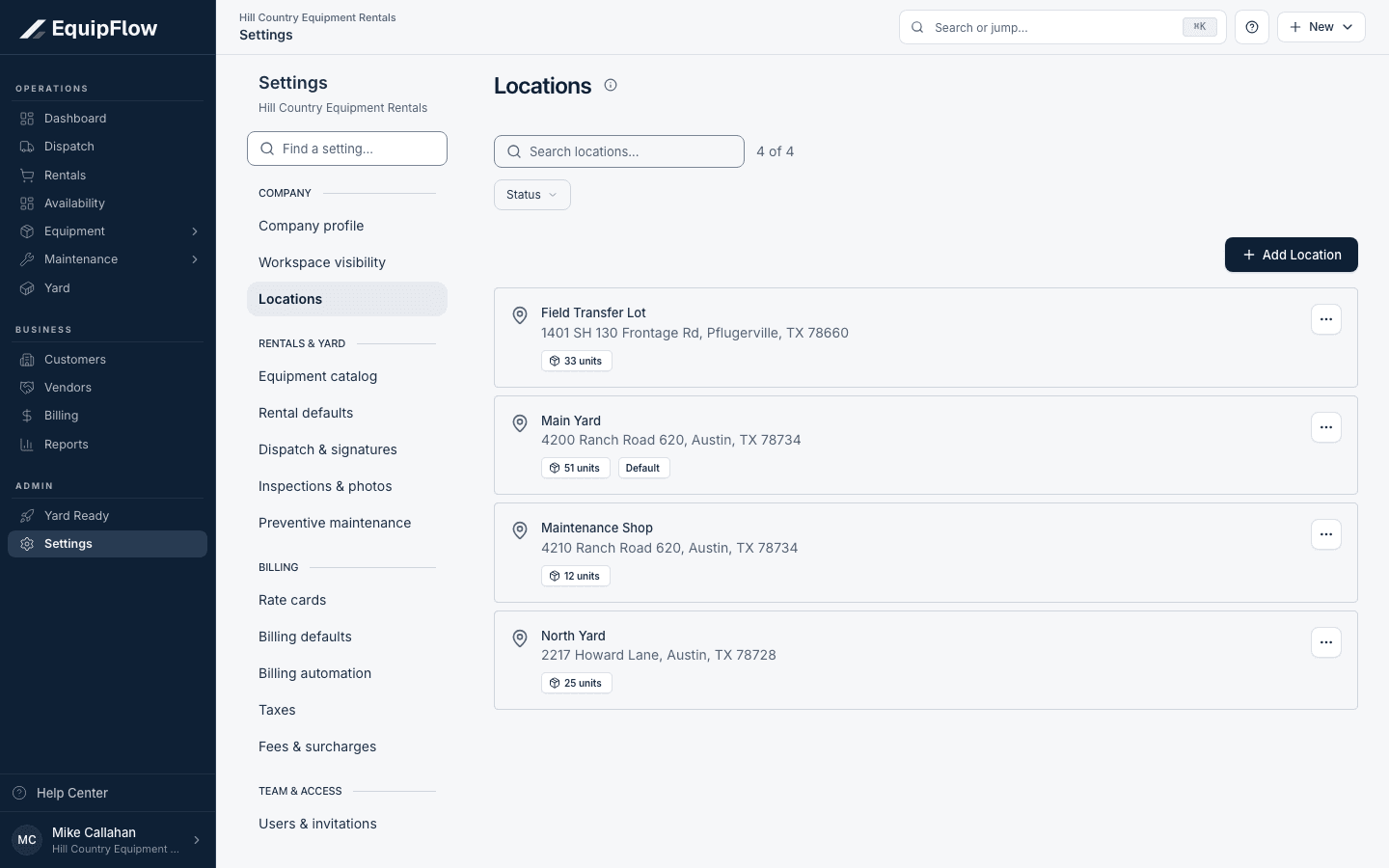 Locations identifies the default yard separately from other locations.