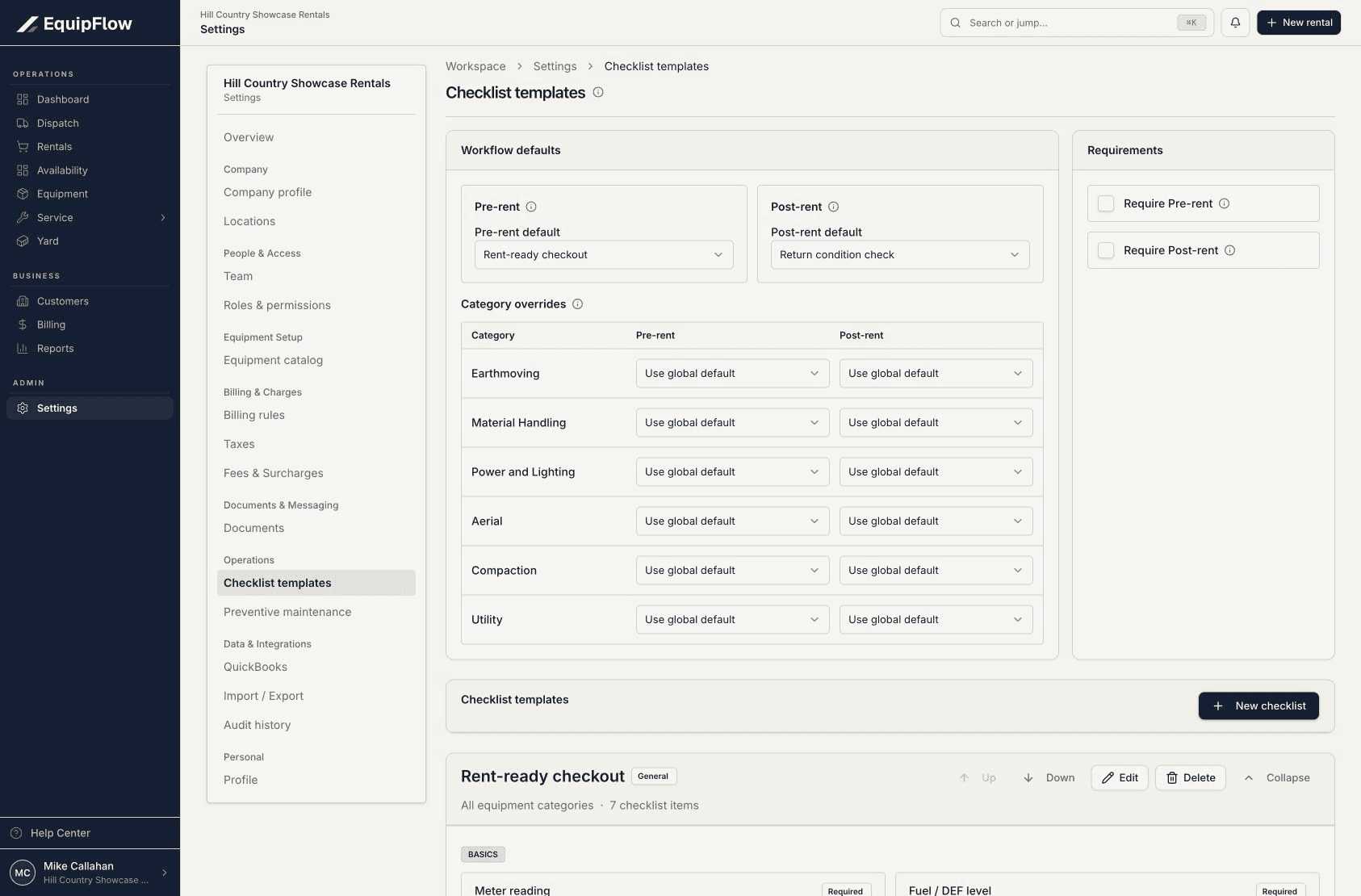 Checklist template settings in the EquipFlow setup workspace