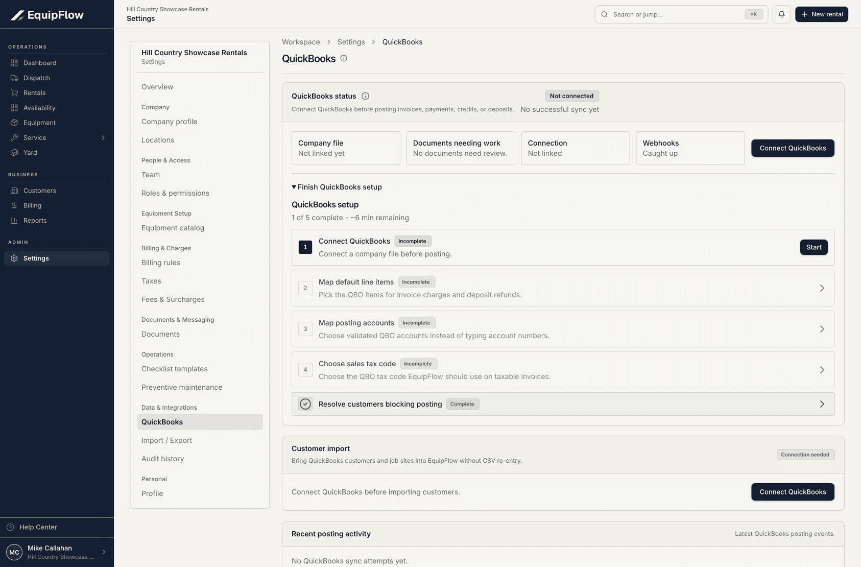QuickBooks settings showing Not connected and the five setup steps
