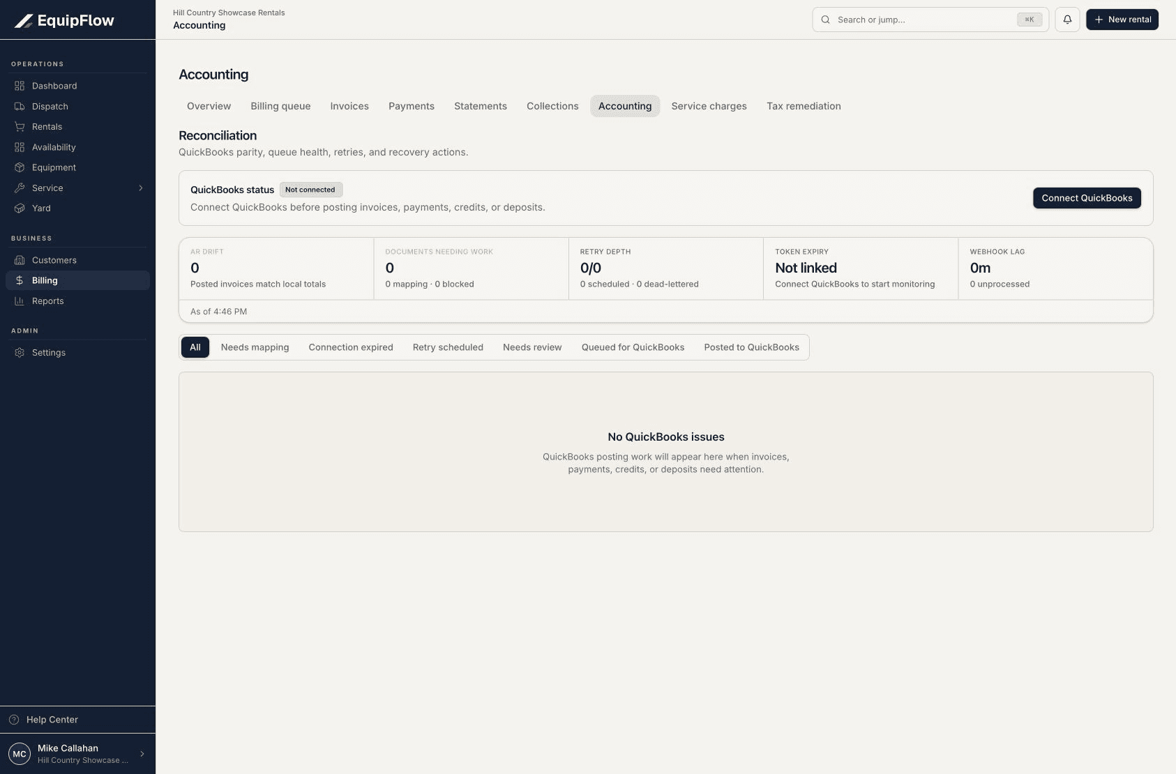 Accounting workspace showing QuickBooks Not connected and no sync issues