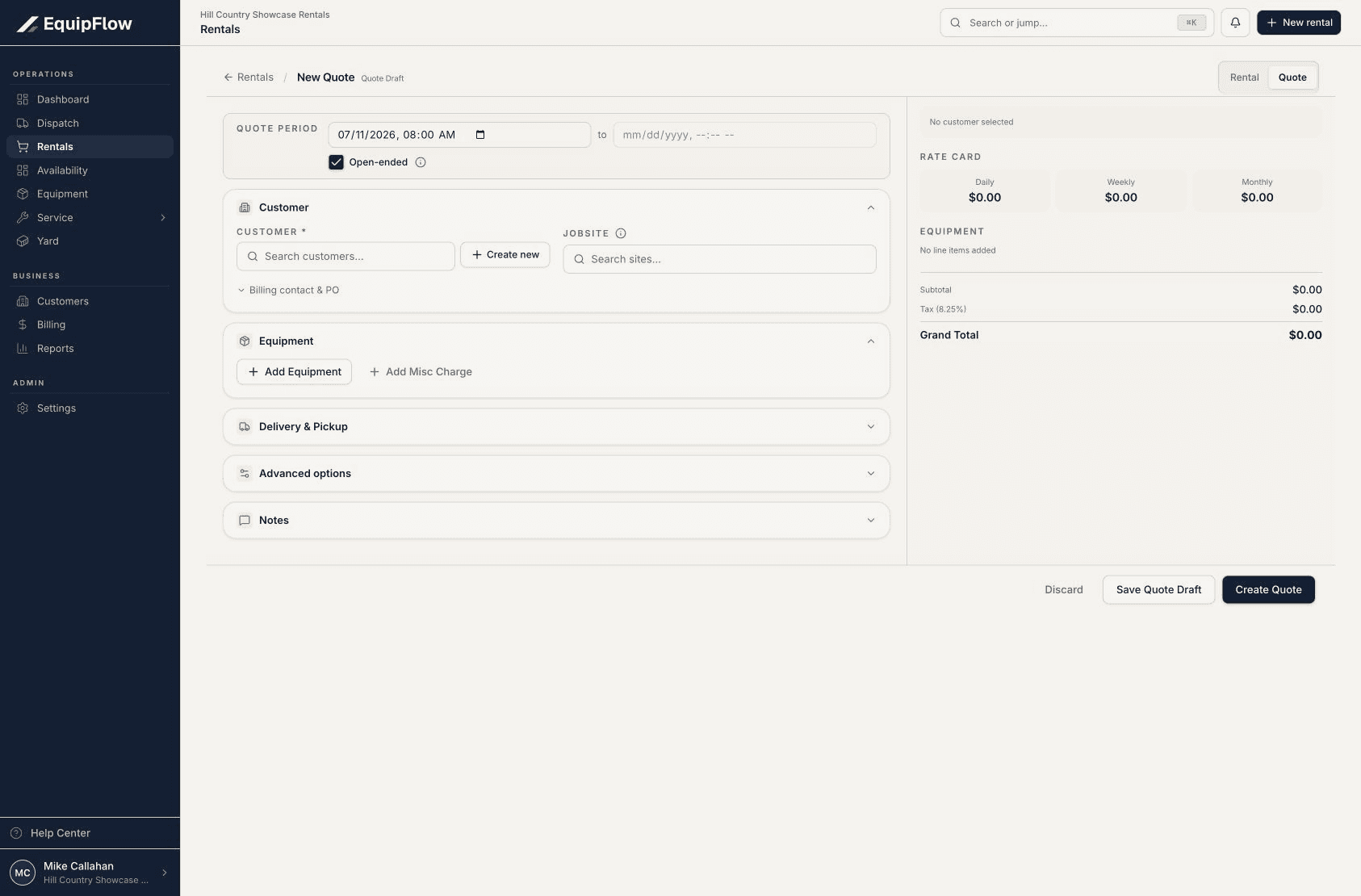 New Quote workspace ready for customer, dates, equipment, and pricing