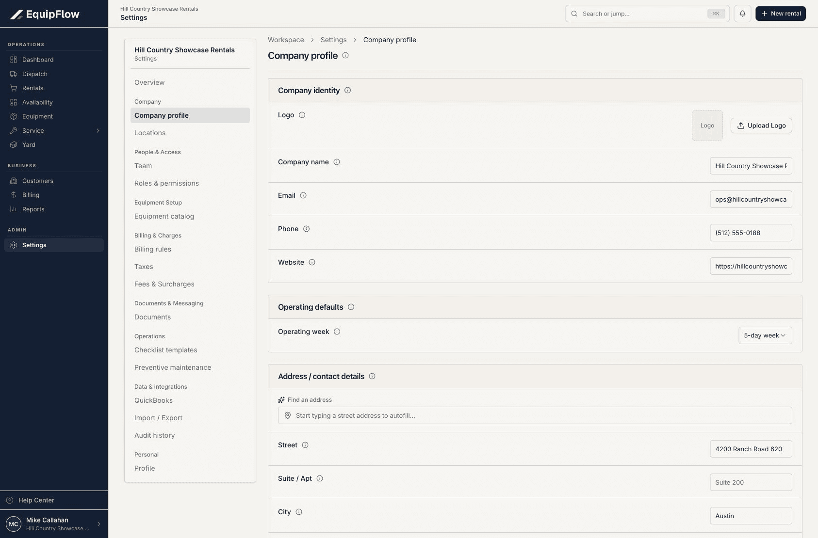 Company profile settings for the synthetic showcase rental yard