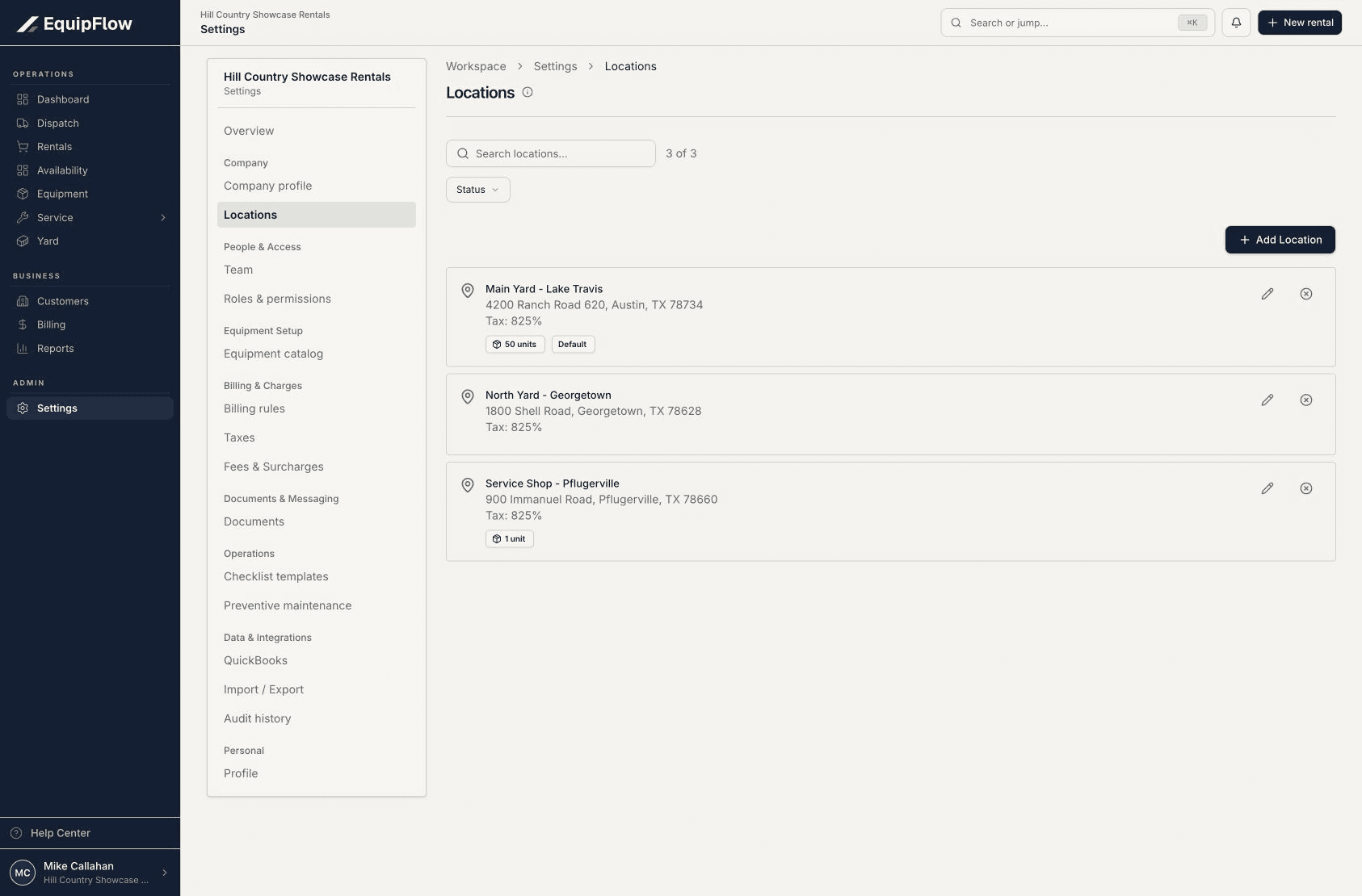 Locations settings showing the synthetic showcase yard records