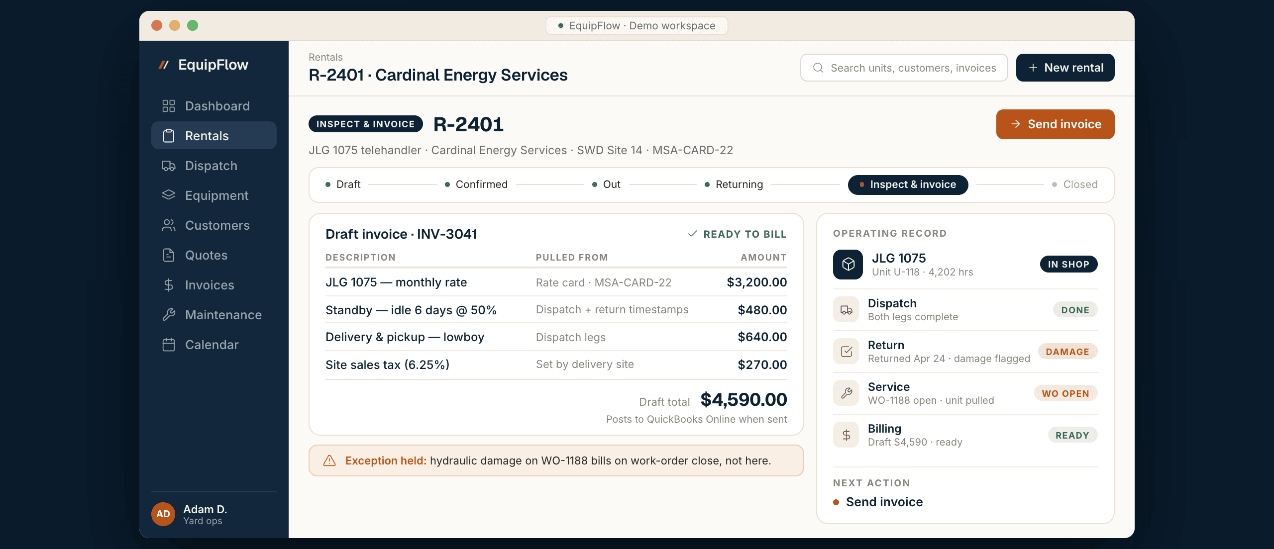 An EquipFlow draft invoice built from the rental record
