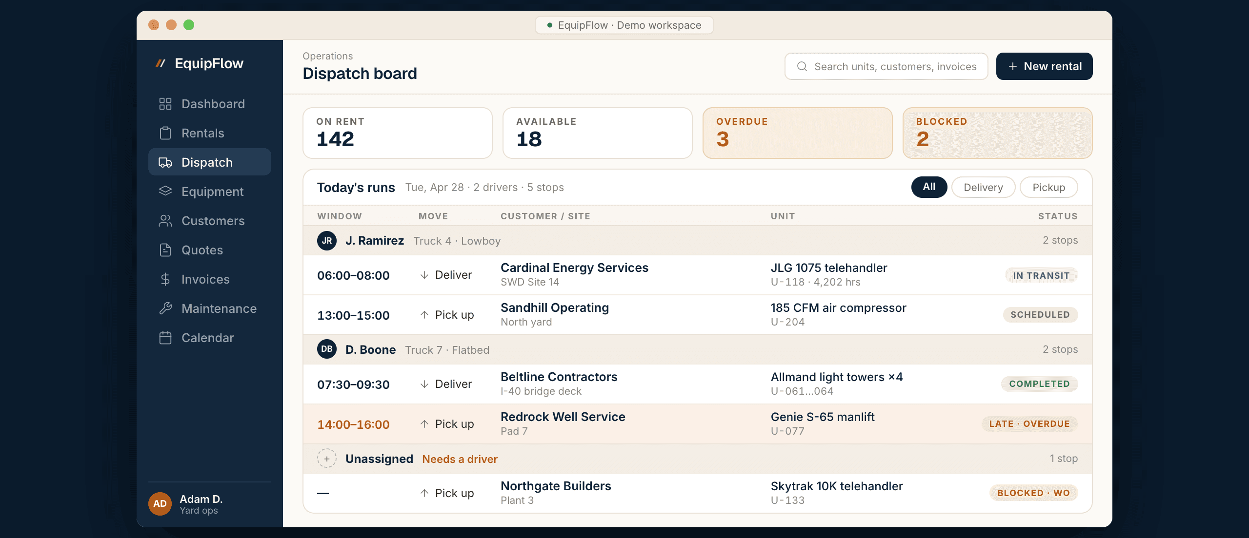 The EquipFlow dispatch board showing rental movements