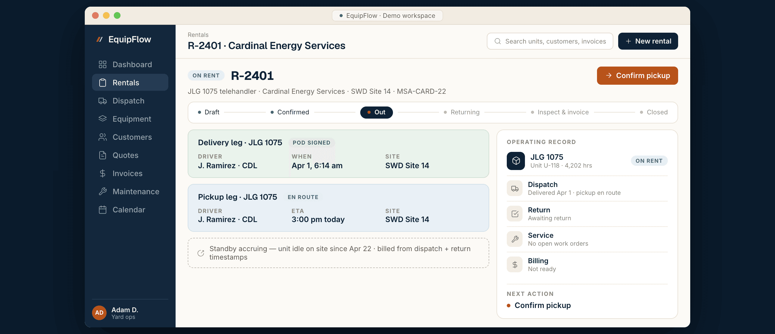 The EquipFlow rental workspace